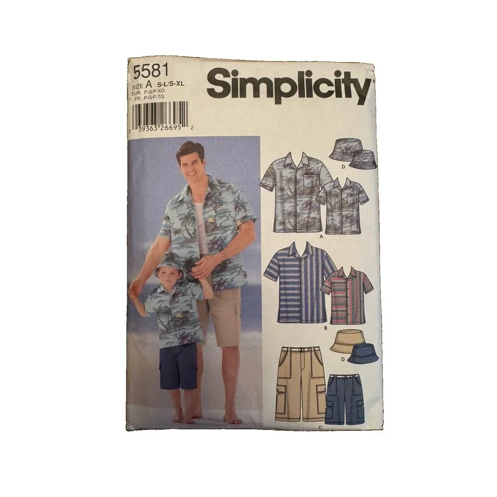 Simplicity 5581 Sewing Pattern Shirt Shorts Hat Mens S-XL Boys S-L Matching Set